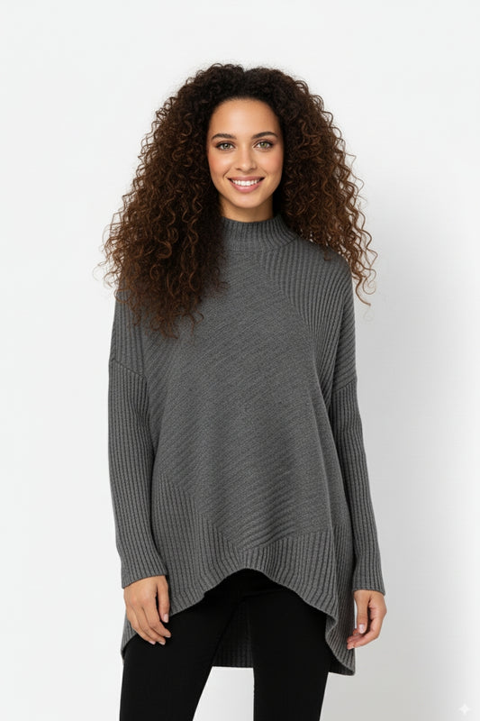 Gray Asymmetric Ribbed Knit Sweater Tunic
