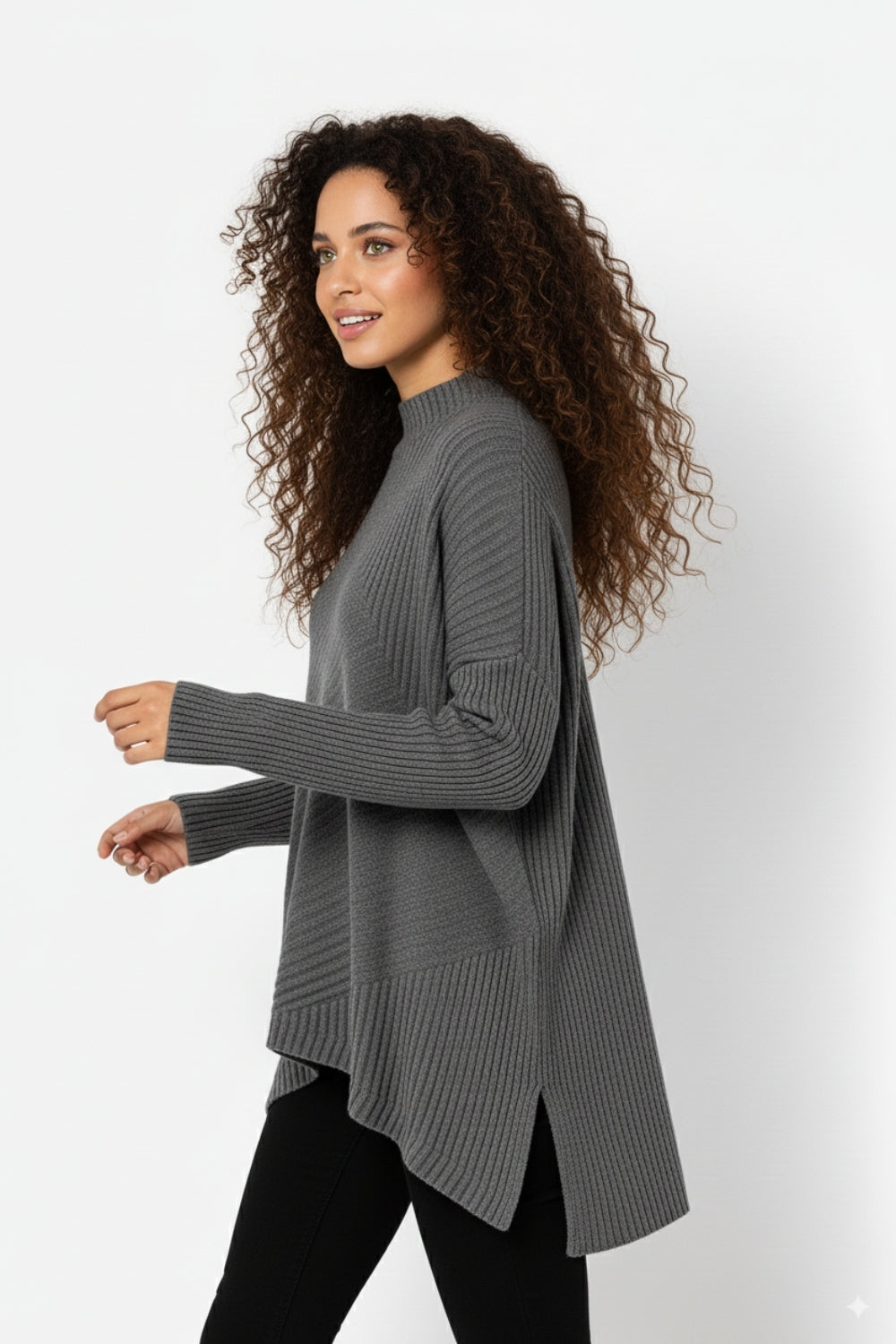 Gray Asymmetric Ribbed Knit Sweater Tunic