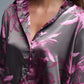 Gray Floral Print Satin Shirt with Buttons