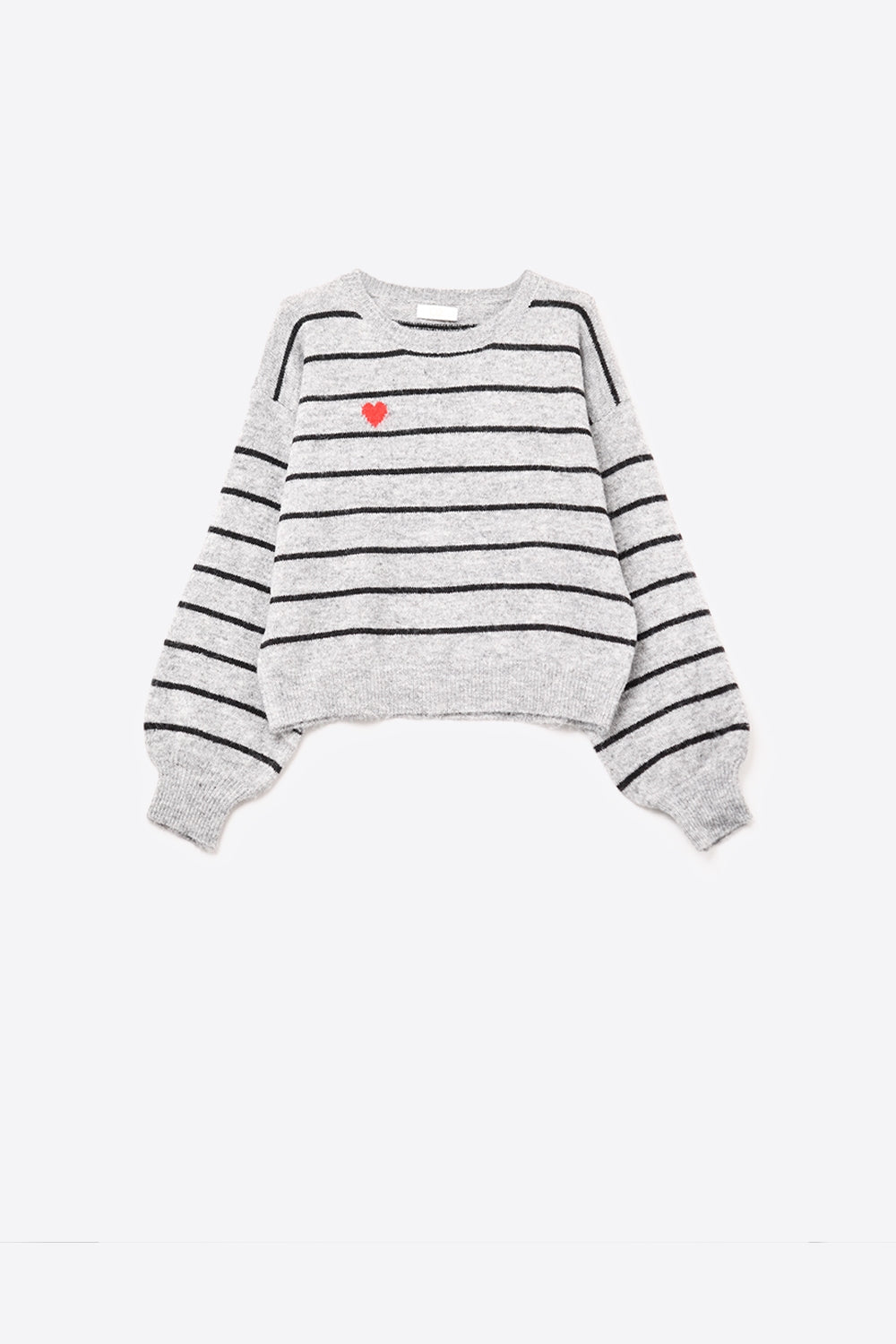 Q2 gray striped knit sweater with red heart detail