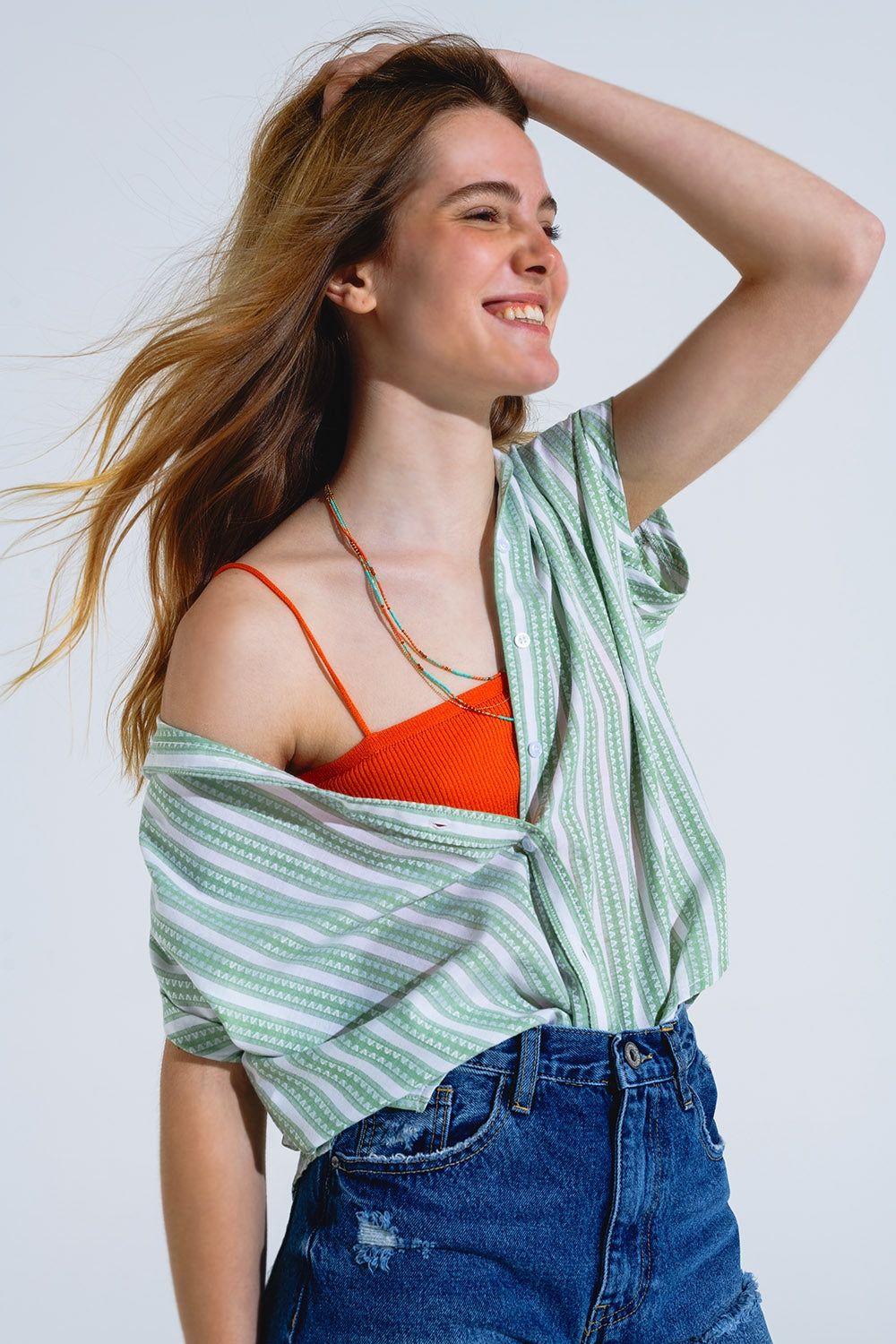 Green Blouse With Vertical Stripes And Short Sleeves