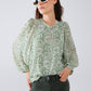 Q2 Green chiffon Blouse With Floral Print And Long Balloon Sleeves