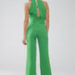 Green Jumpsuit With Crossed Halter Neckline