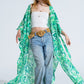 Q2 Green Long Kimono With Drawstring Closing in Tribal Print