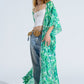 Green Long Kimono With Drawstring Closing in Tribal Print