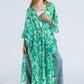 Green Long Kimono With Drawstring Closing in Tribal Print