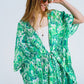 Green Long Kimono With Drawstring Closing in Tribal Print