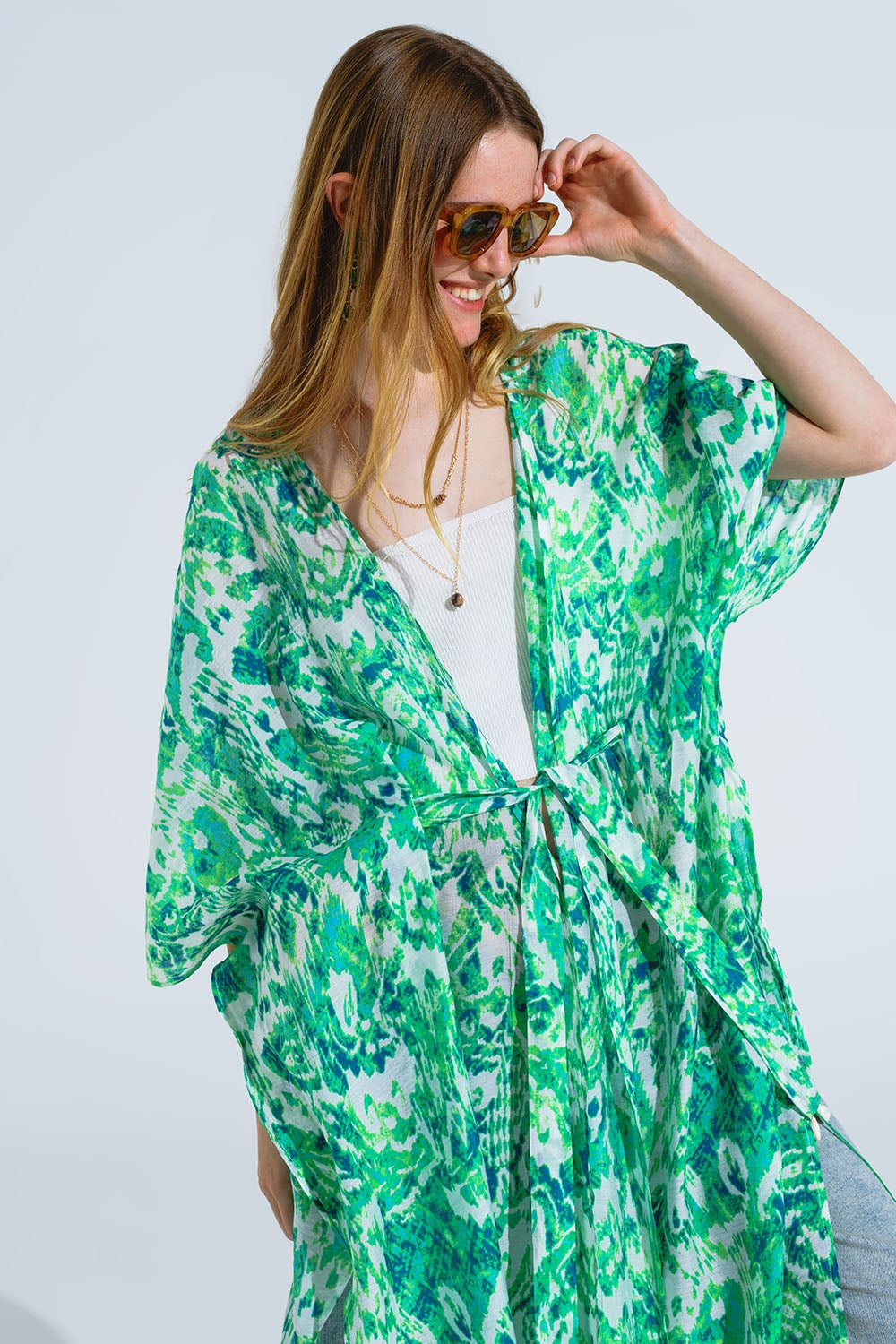 Green Long Kimono With Drawstring Closing in Tribal Print