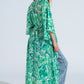 Green Long Kimono With Drawstring Closing in Tribal Print