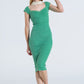 Green Midi Thick Rib Bodycon Dress With Cap Sleeves