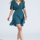 Q2 Green Mini Dress With Wrap Front Cinched Waist And Floral Print