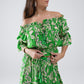 Q2 Green Off The Shoulder Top With Elastic Waist in Floral Print