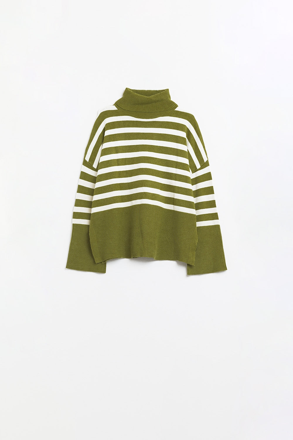 Q2 Green oversized trutleneck sweater with white stripes and splits on the side