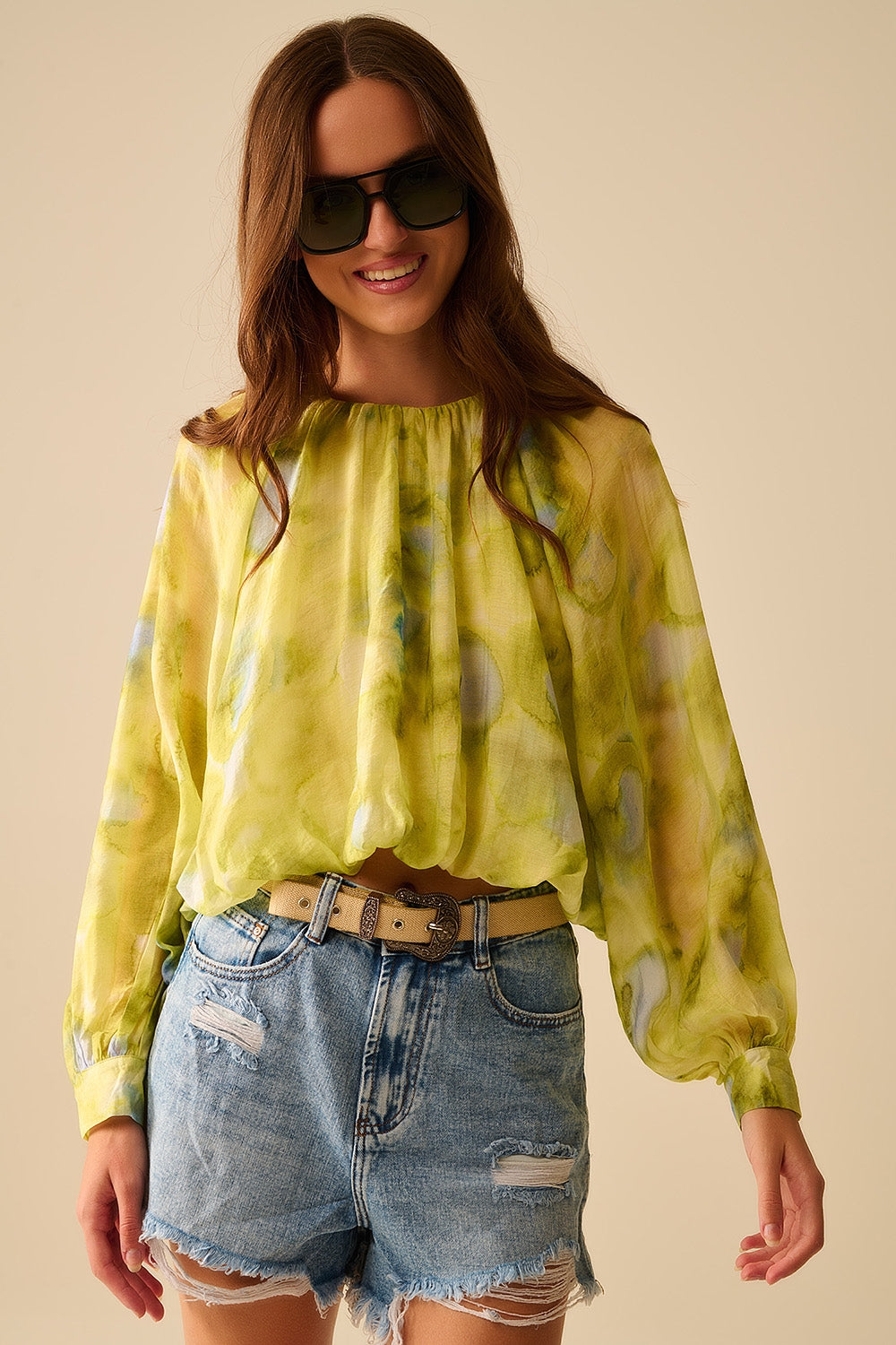 Q2 green printed chiffon blouse with balloon sleeves