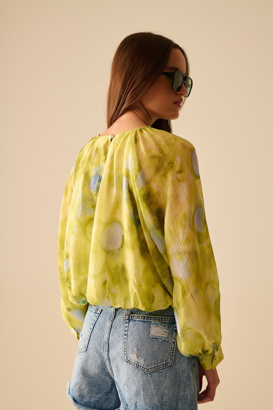 green printed chiffon blouse with balloon sleeves