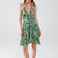 Green short boho style satin flower print dress