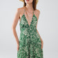 Green short boho style satin flower print dress