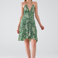 Green short boho style satin flower print dress