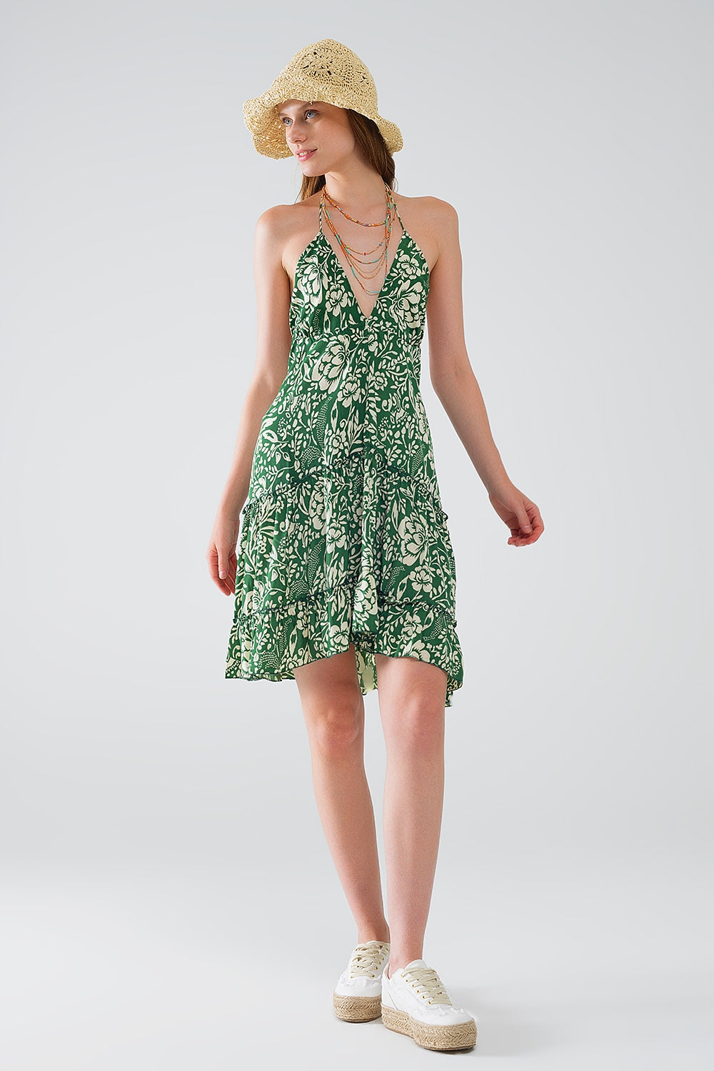 Green short boho style satin flower print dress