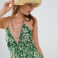 Green short boho style satin flower print dress