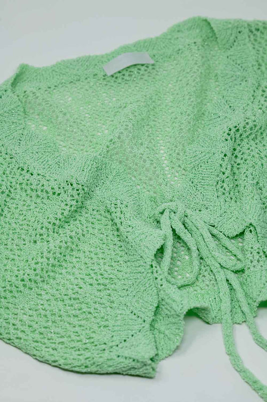 Cárdigan corto de crochet verde con detalle de lurex