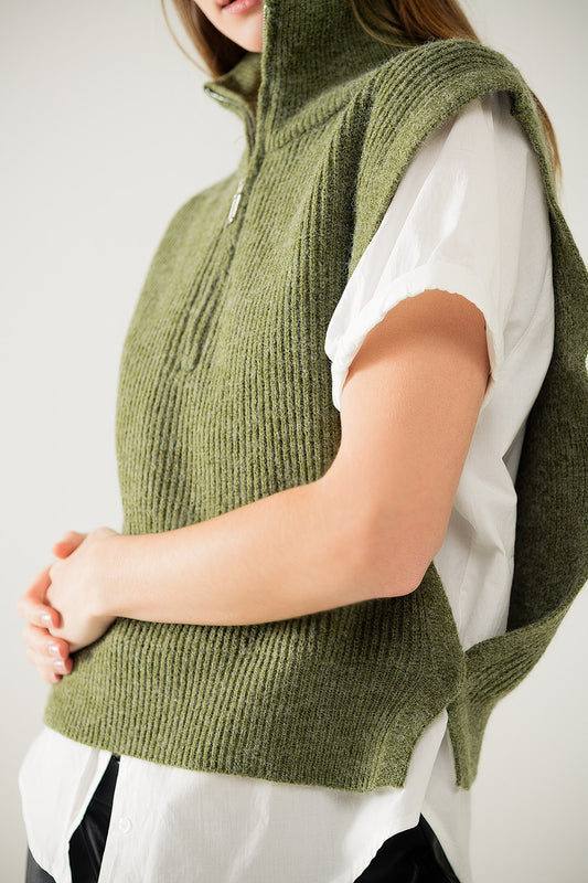 Green sleeveless turtleneck sweater with zipper closure