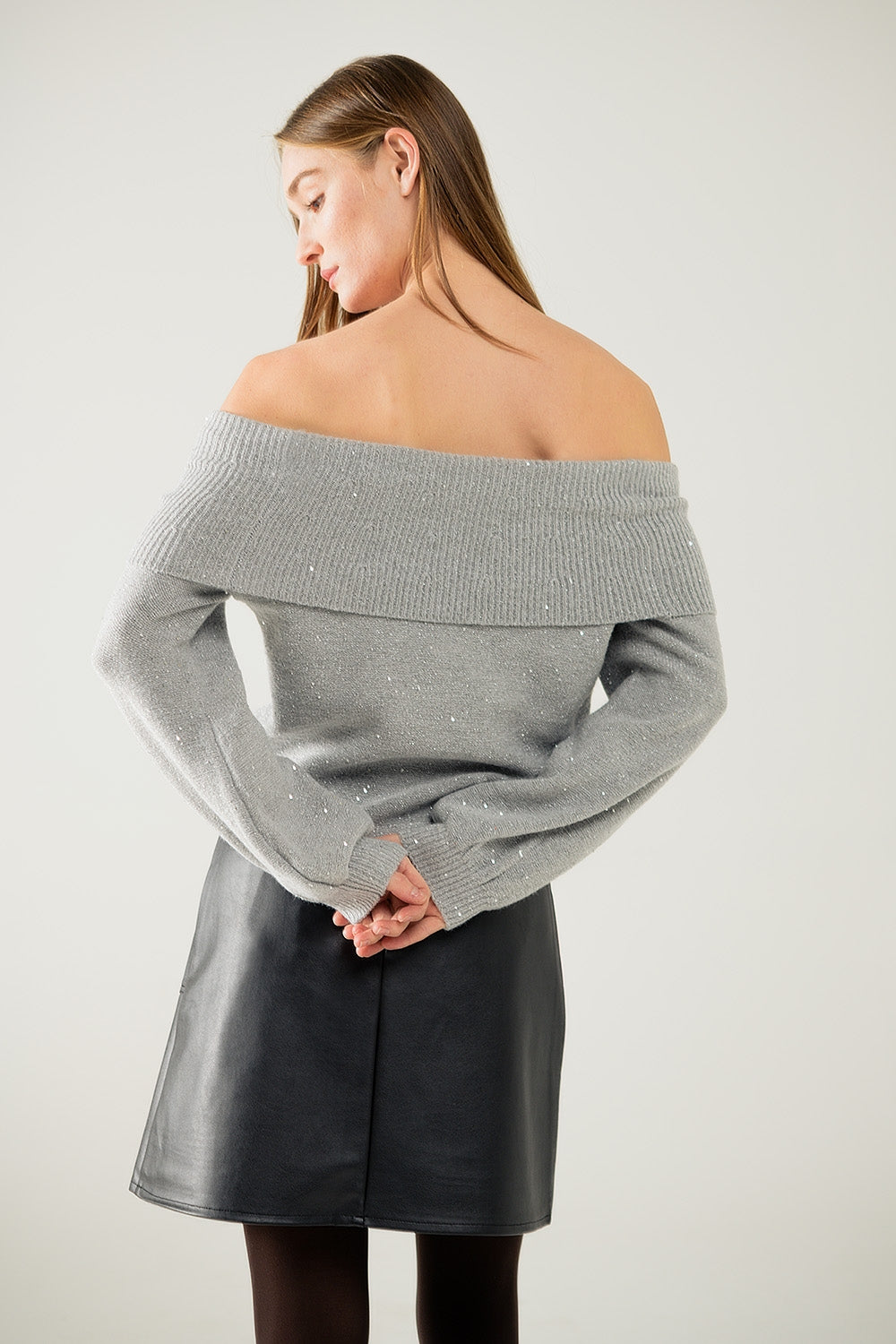 Grey boat neck sweater with sequins