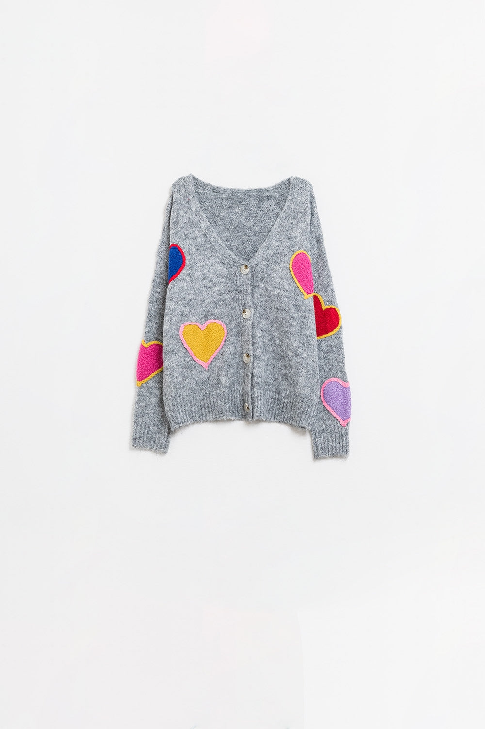 Q2 Grey knitted cardigan with embroidered hearts