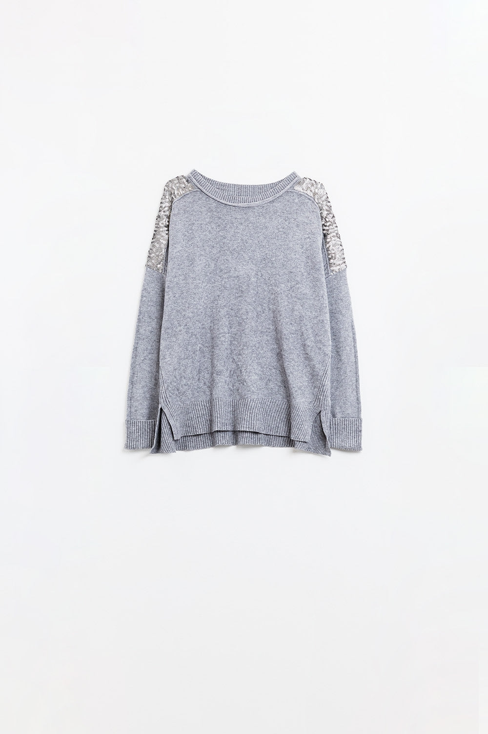 Q2 grey Long Sleeves Sweater With Sequins on The Shoulders