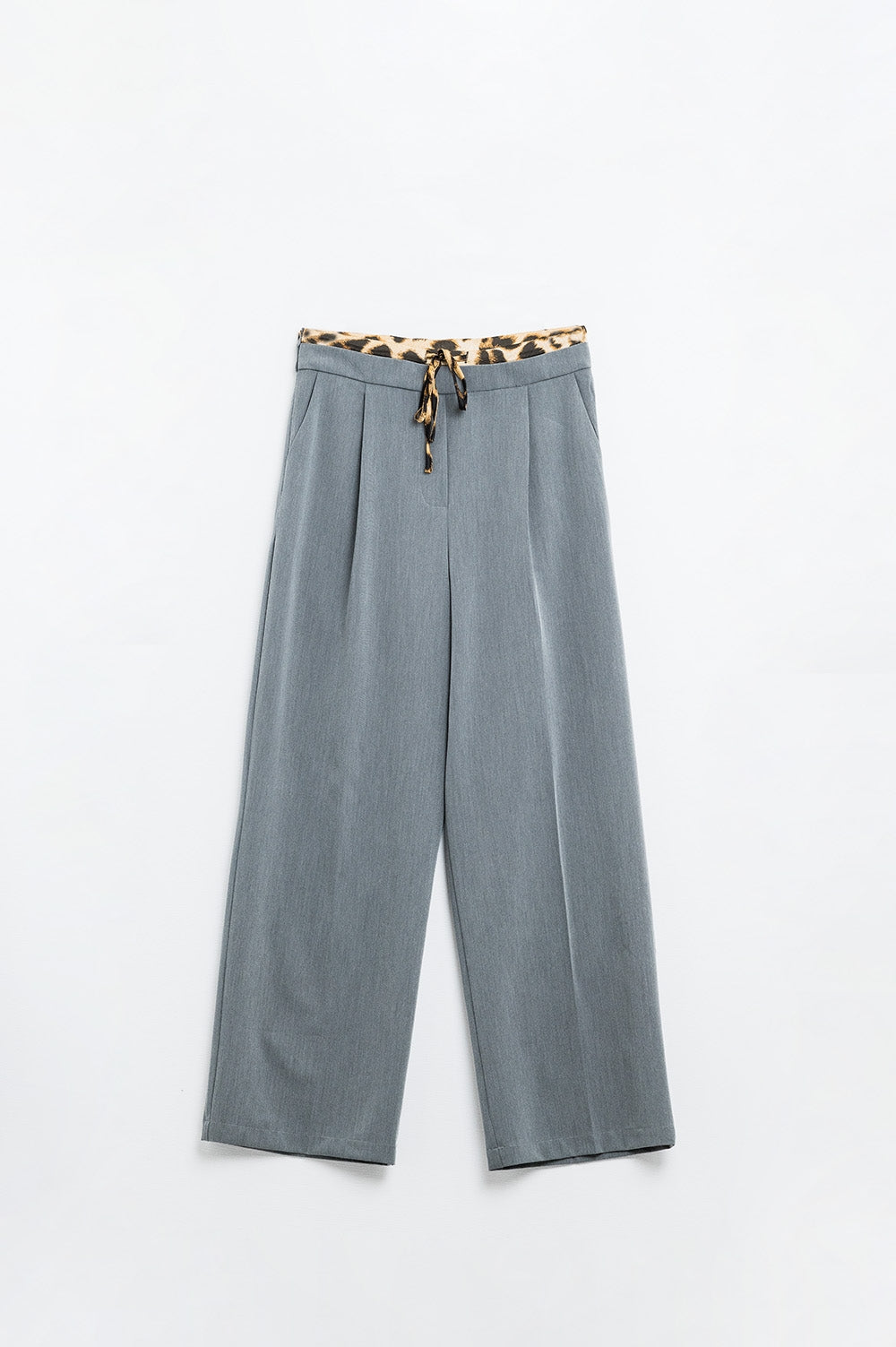 Q2 Grey pleated pants with leopard detail at the waist