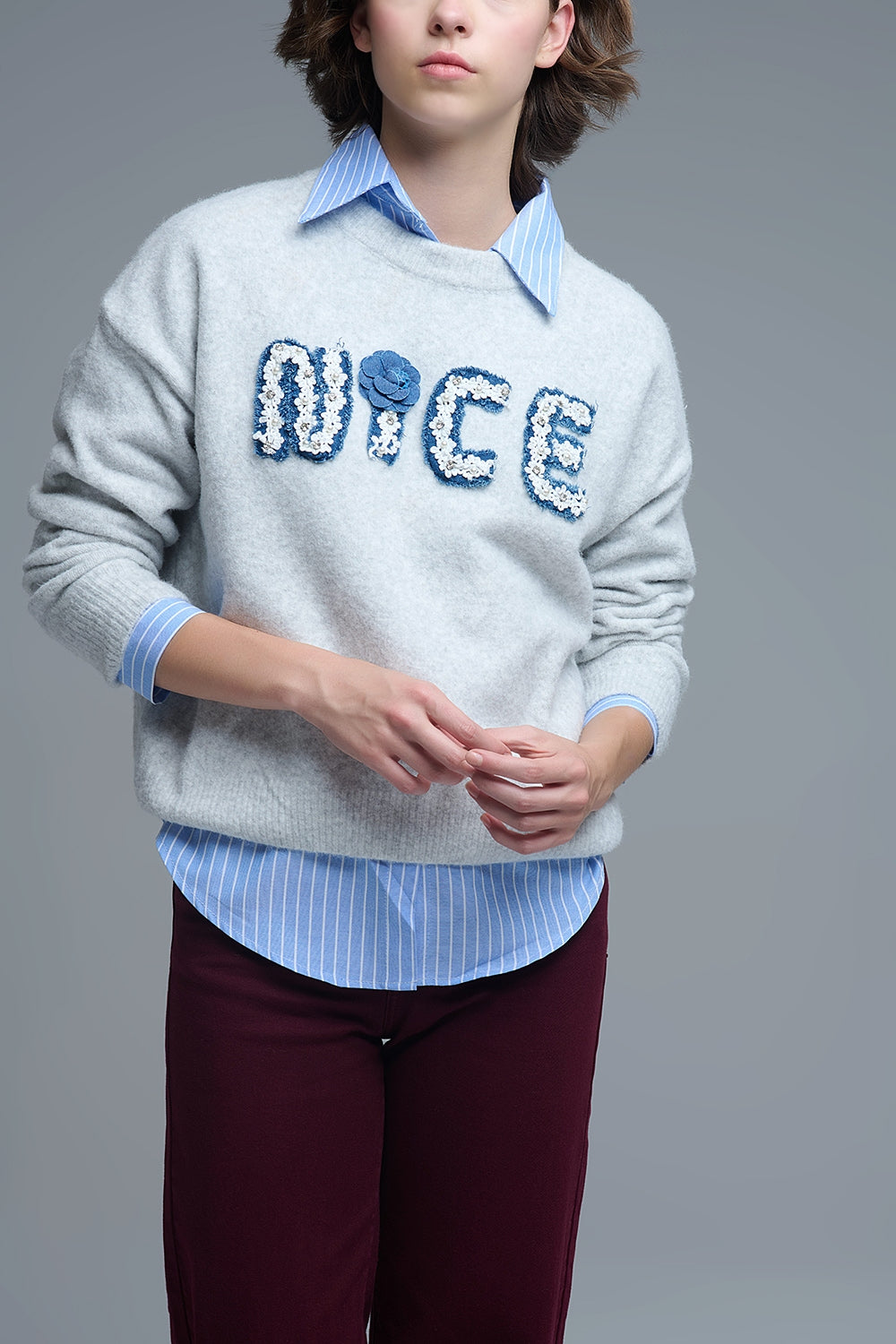 Grey Round Neck Sweater With Embroidered Nice