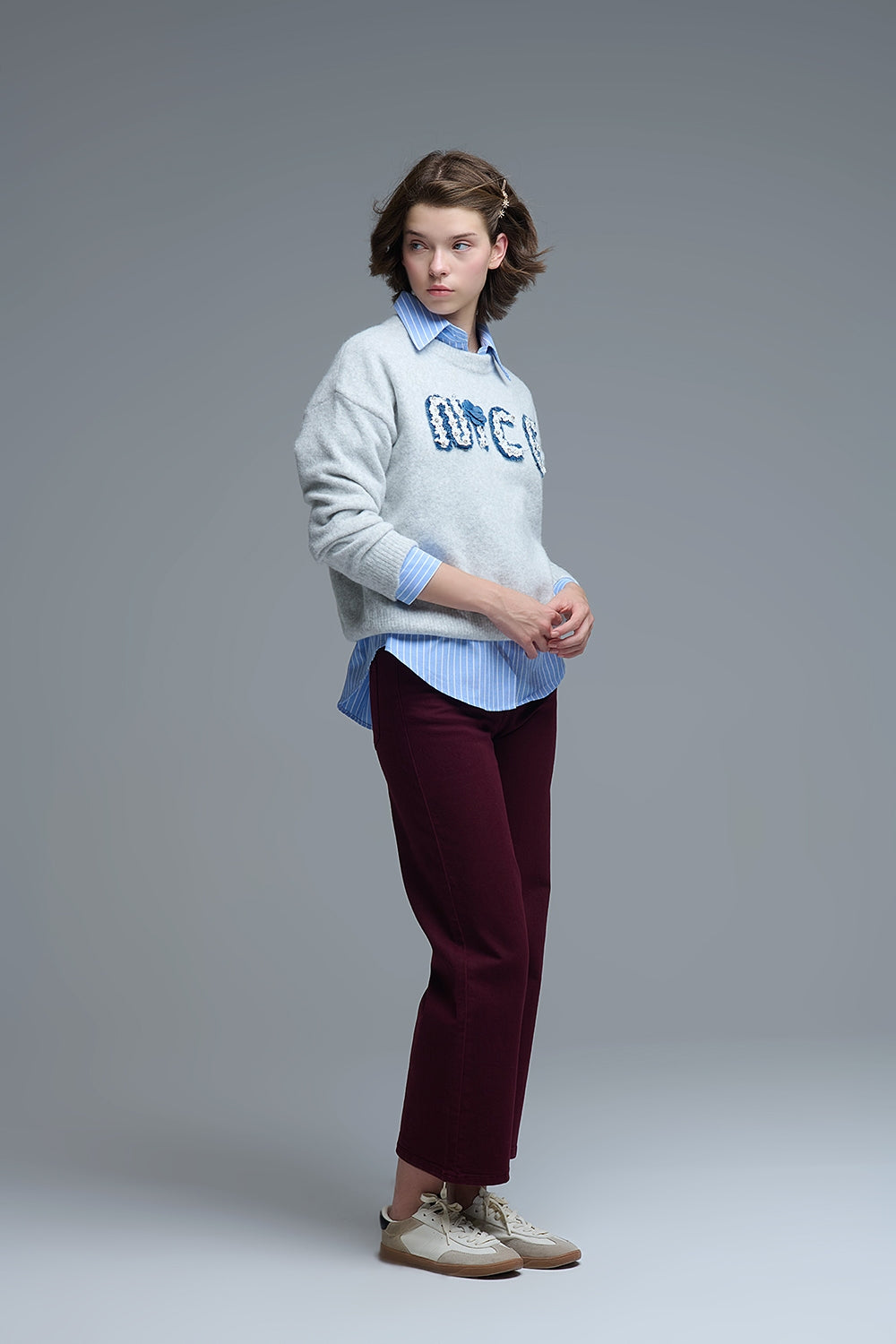 Grey Round Neck Sweater With Embroidered Nice