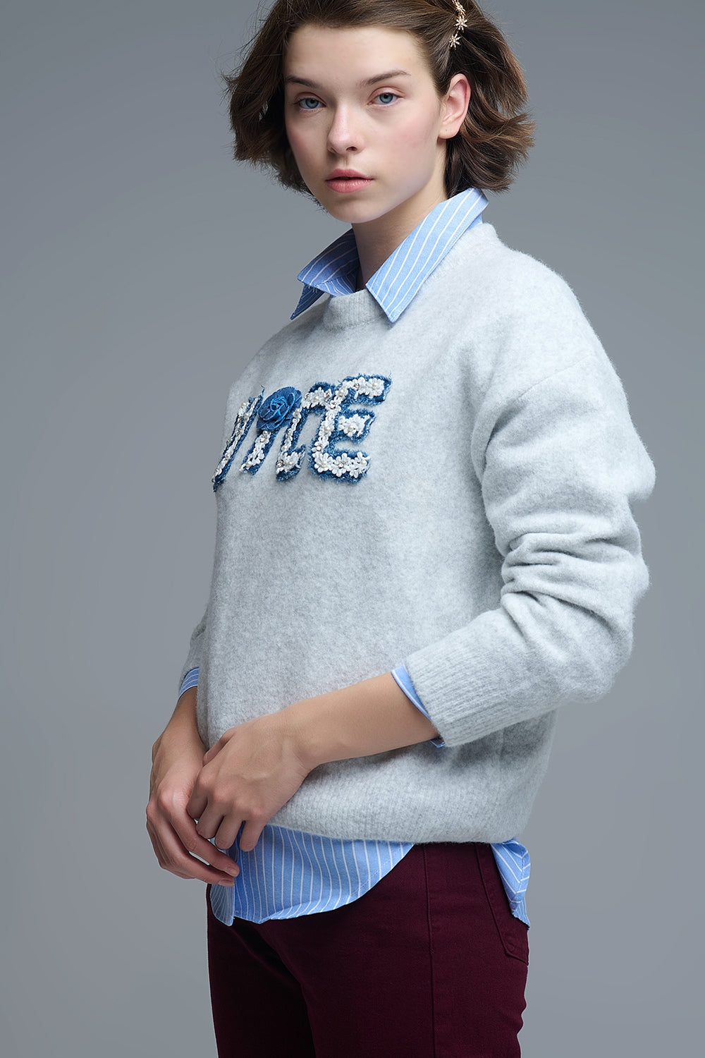 Grey Round Neck Sweater With Embroidered Nice