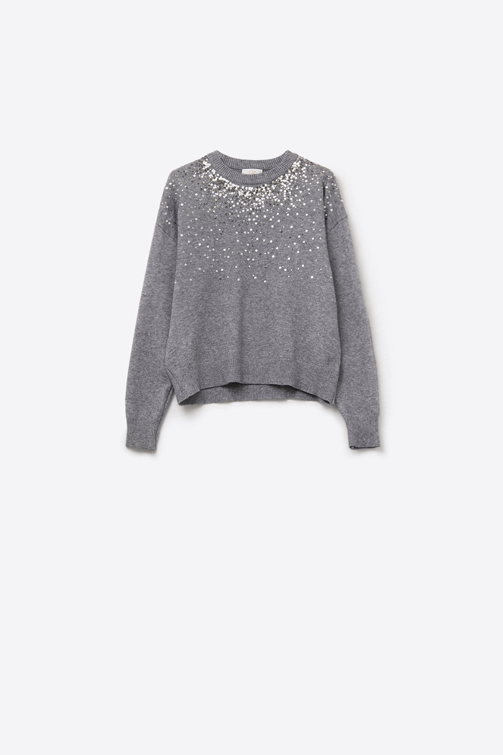 Q2 Grey soft knit sweater embellished with sequins on the front
