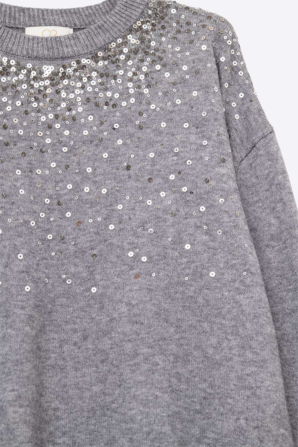 Grey soft knit sweater embellished with sequins on the front