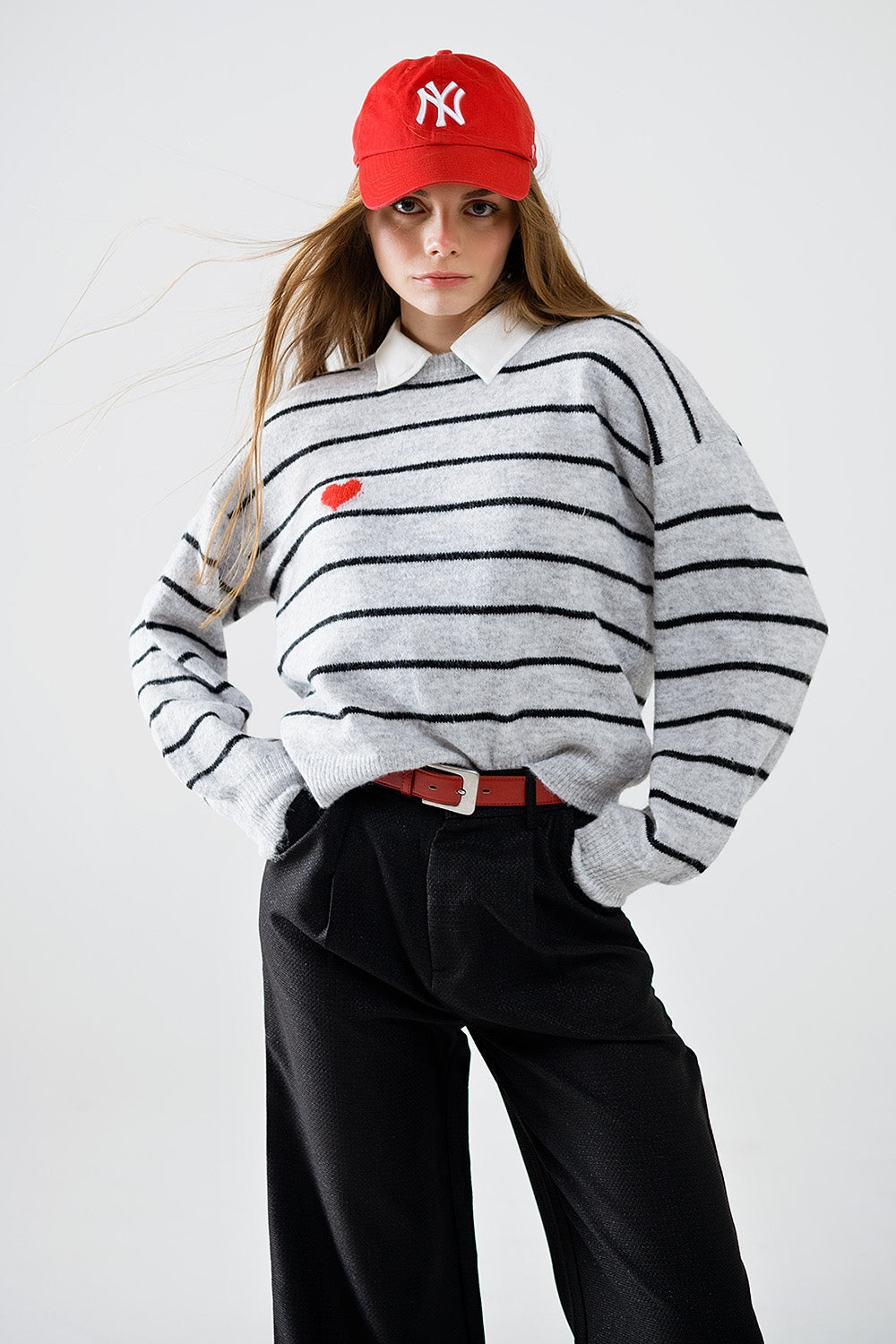 Grey striped sweater with red heart detail