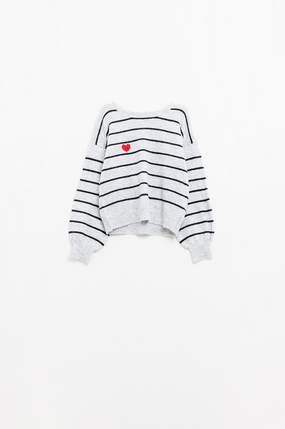 Grey striped sweater with red heart detail