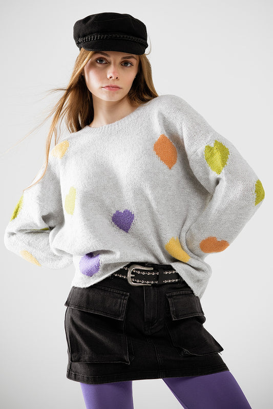 Grey sweater with boat neck and heart print