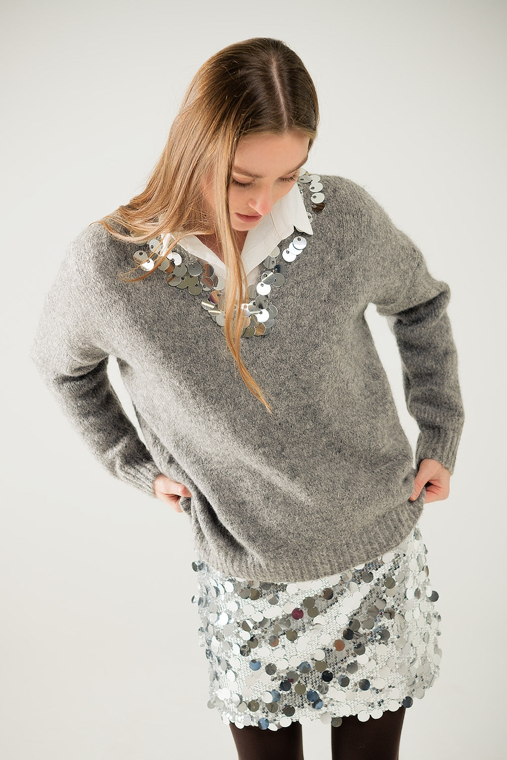 Q2 Grey V-neck sweater with sequin detail