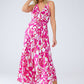 Halter Midi Dress with Cinched Waist In Abstract fuchsia and White Print