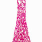 Halter Midi Dress with Cinched Waist In Abstract fuchsia and White Print