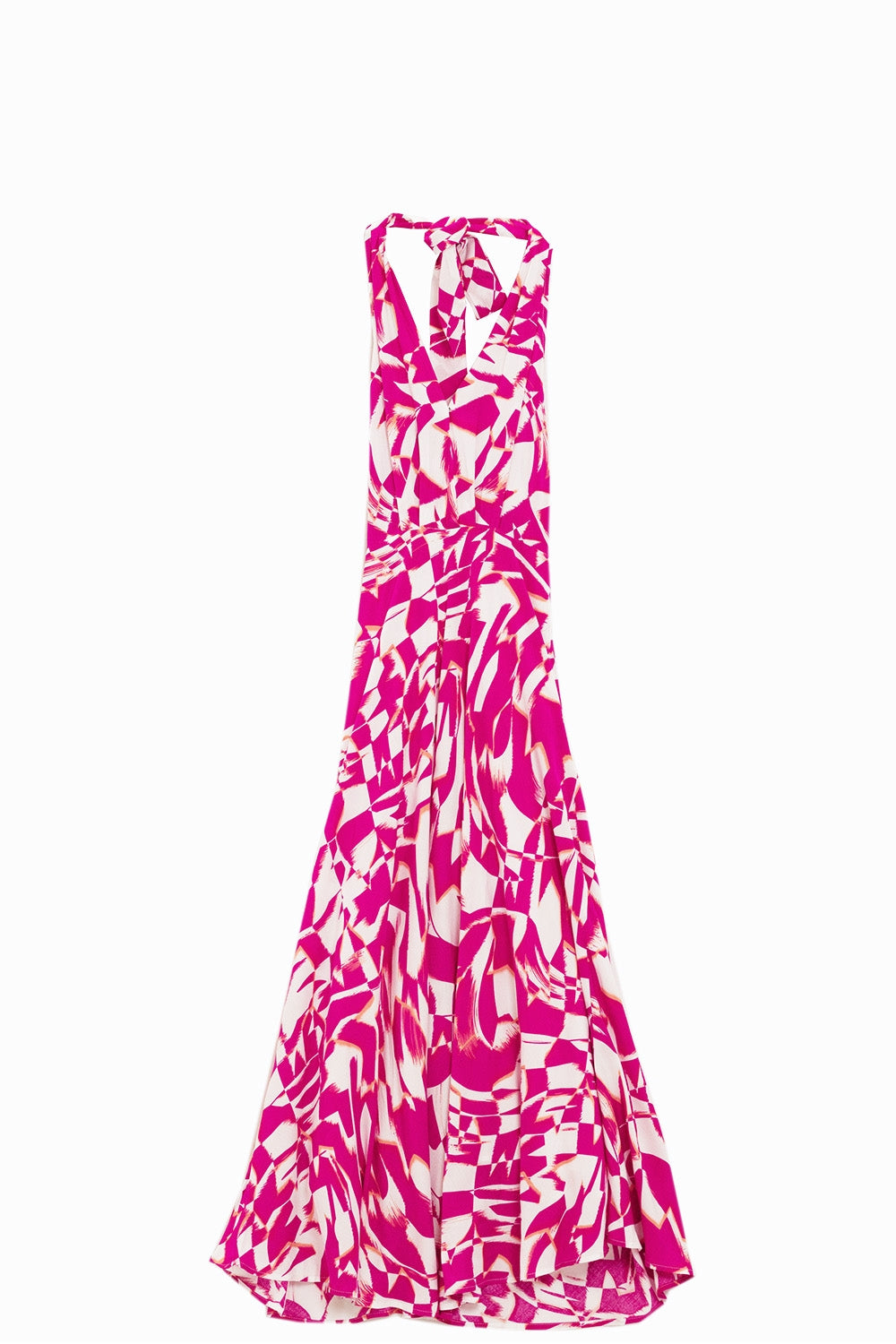 Vestido midi con cuello halter y cintura ceñida en estampado abstracto fucsia y blanco