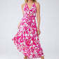 Q2 Halter Midi Dress with Cinched Waist In Abstract fuchsia and White Print