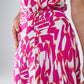 Halter Midi Dress with Cinched Waist In Abstract fuchsia and White Print