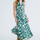 Q2 Halter Midi Dress with Cinched Waist In Abstract Green and White Print