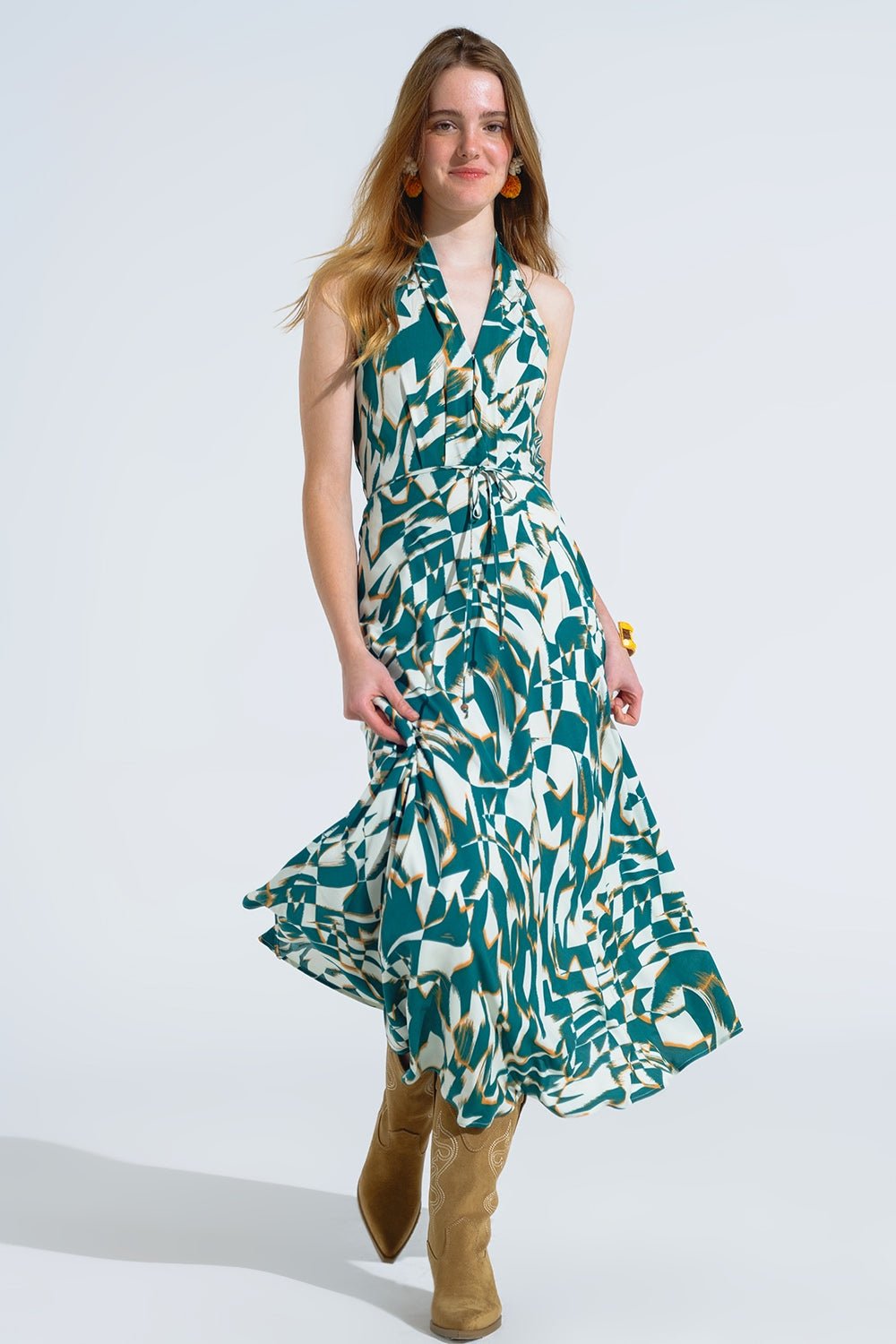 Q2 Halter Midi Dress with Cinched Waist In Abstract Green and White Print