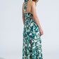 Halter Midi Dress with Cinched Waist In Abstract Green and White Print