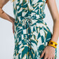 Halter Midi Dress with Cinched Waist In Abstract Green and White Print