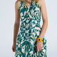 Halter Midi Dress with Cinched Waist In Abstract Green and White Print