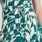 Halter Midi Dress with Cinched Waist In Abstract Green and White Print